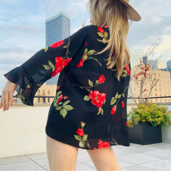 🛳 K.C.STUDIO Vintage Ruffle Long Sleeves Sheer Top Big Roses Sheer Top 22W - Picture 12 of 16